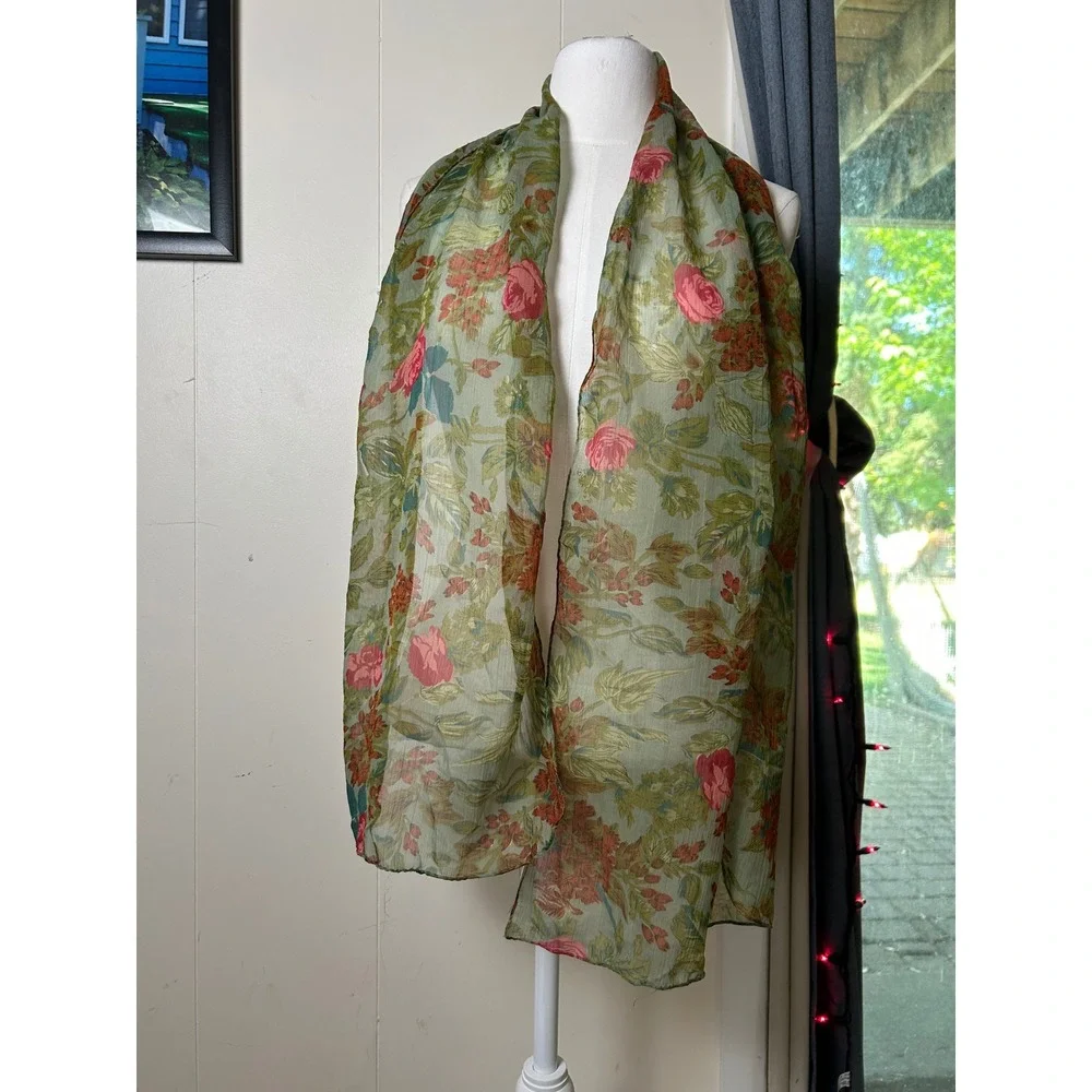 Green Floral Scarf Botanical Rose Festival Boho Cottagecore Garden Tea‎ Party